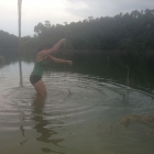 Ashly catches a fish with a technique she has invented